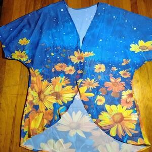 Floral‎ Kimono Duster Open Front Sunflower Print Blue Yellow Small S